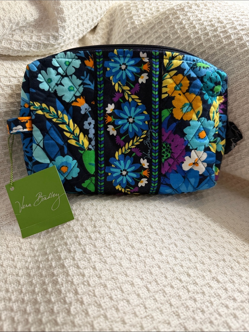 Vera Bradley Black Floral Quilted Cosmetic Bag with Blue & Yellow Accents
